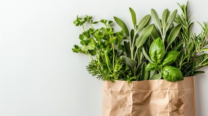 Naklejka premium Fresh herbs in paper bag on white surface