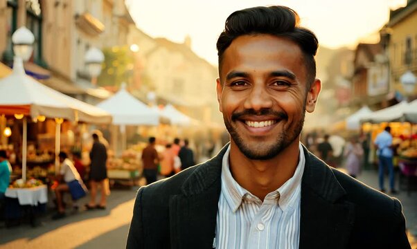 Environmental portrait video of a pleased man in his 30s wearing a classic blazer against a bustling market or street scene background