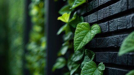 The image features a close-up view of vibrant green leaves sprawling along a vertical wooden wall, emphasizing natural growth and the integration of nature into built environments.