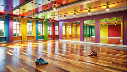 Vibrant dance studio interior with colorful walls, wooden floor, and scattered dance shoes, reflecting the energy and passion of a lively salsa dance class.