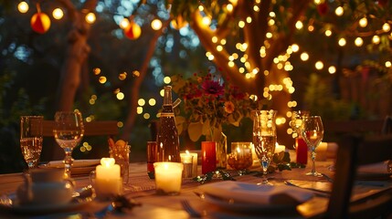 Romantic surprise proposal at a candlelit terrace restaurant. Date or engagement in a park tent, adorned with candles and garlands. Closeup.