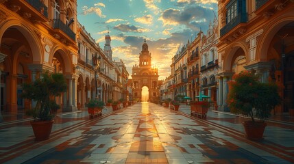 Fototapeta premium Arched Passageway in Seville, Spain, at Sunset