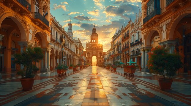 Fototapeta Arched Passageway in Seville, Spain, at Sunset