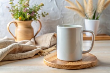 Fototapeta premium Mockup mug on wooden cup coaster with linen cloth and vase at the background
