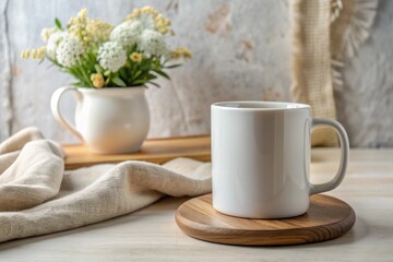 Mockup mug on wooden cup coaster with linen cloth and vase at the background