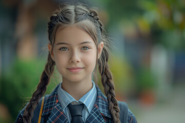 Young Girl with Braids in School Uniform, Ready for Back to School and Excited for New Academic Year.