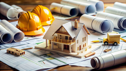 A cluttered desk with rolled up architectural plans, building permits, and scattered papers, surrounded by model houses and construction hats, showcasing housing development process.