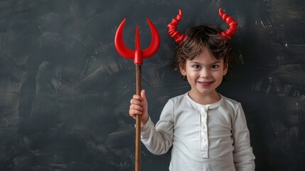 Smiling child in a Halloween costume with red horns and trident posing in front of a chalkboard, ready for trick-or-treat adventure.