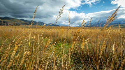 Fototapeta premium Tall grass in open space under cloudy sky