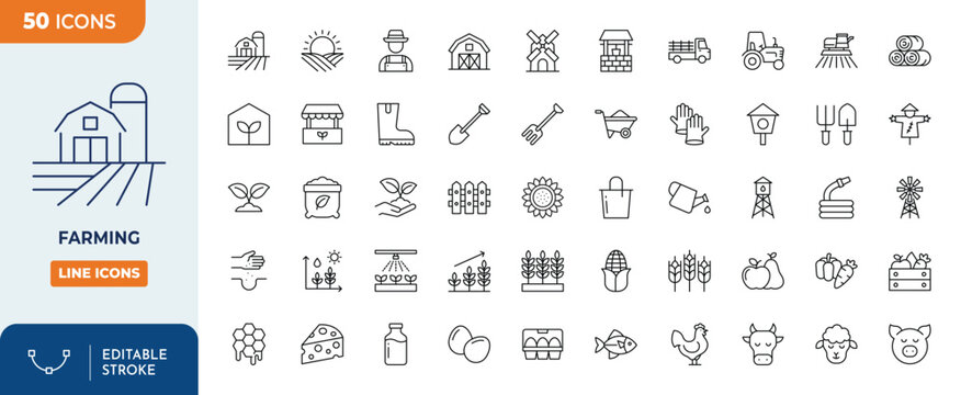 Farming icon set. Containing Farm, Farmer, Agricultural, Cow, Pig, Lamb, Chicken, Bee, Windmill, Wheat, Corn, Harvesting and more. Outline Icon Collection. Editable stroke. Vector illustration	