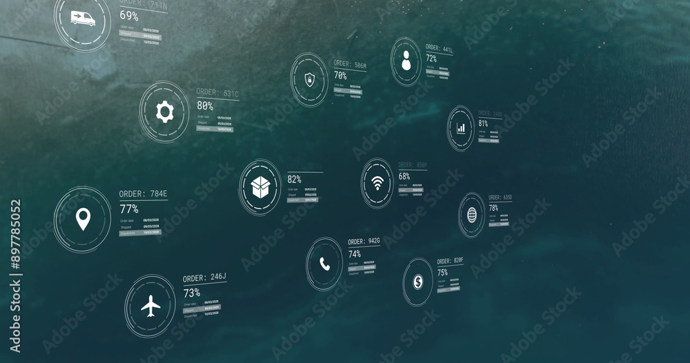 Poster image of network of icons with data processing over seascape