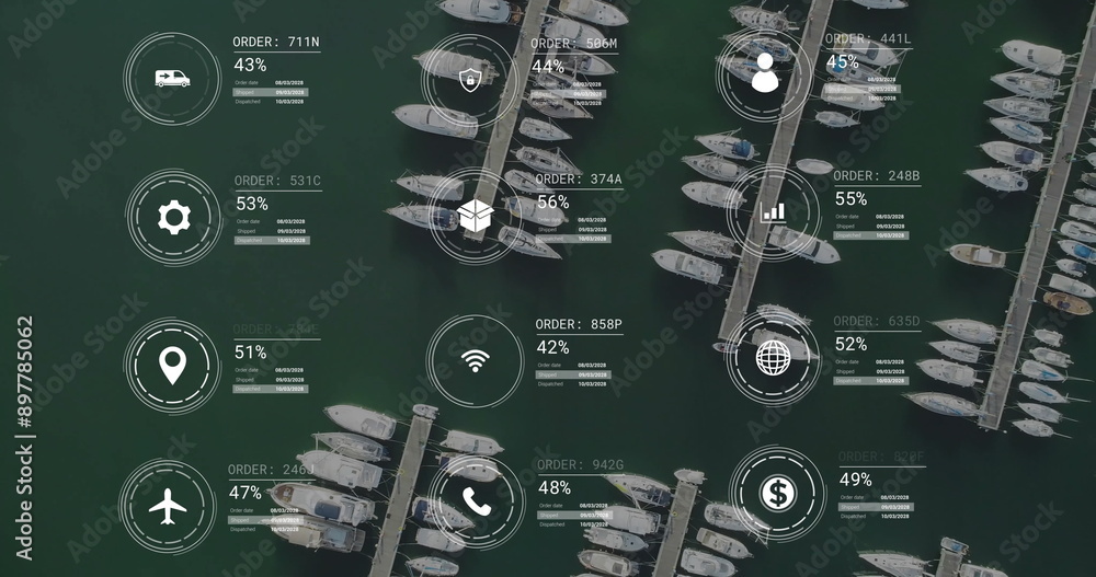 Poster image of network of icons and data processing over marina landscape