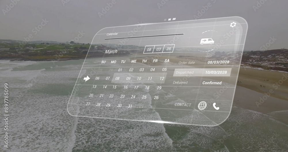 Poster image of screen with data processing over seascape