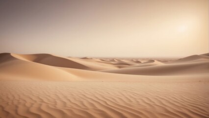 A hazy view of desert dunes stretching into the distance as the sun sets in the background, blurred, copy space