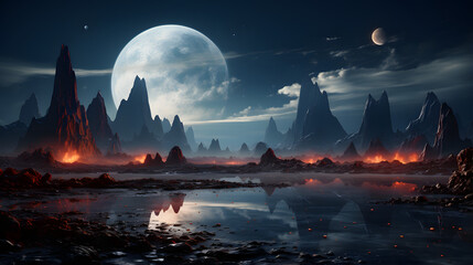 A surreal landscape with towering, jagged mountains reflecting in a still body of water illuminated by a glowing moon.