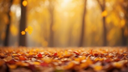 A shallow depth of field focuses on fallen leaves, blurring the background trees in an autumn forest, copy space
