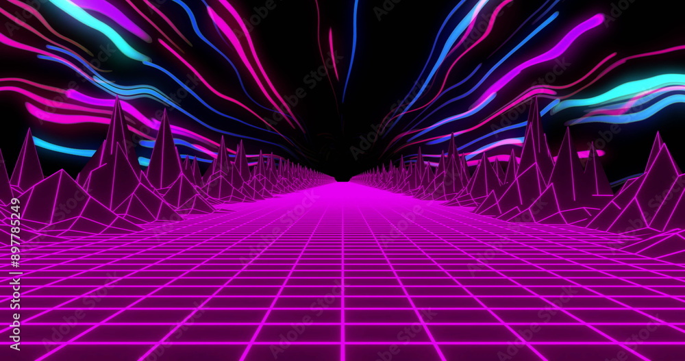 Poster image of image game screen with neon metaverse patten on black background