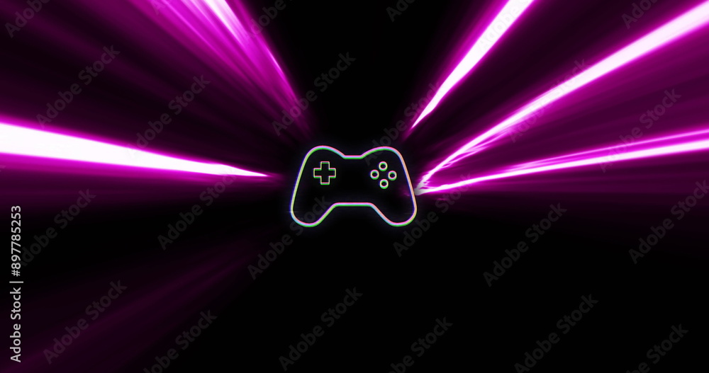 Poster image of image game pad with neon light trails on black background