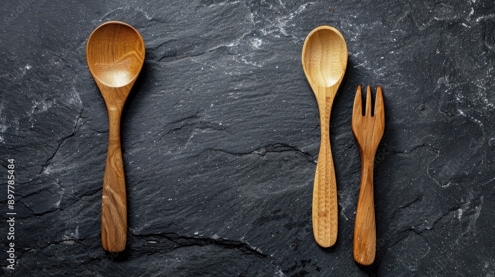 Poster wooden spoon and fork from top view on black slate with space for text