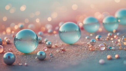Naklejka premium Blue glass spheres are scattered on a sparkling surface, with a blurred background of pink and blue hues