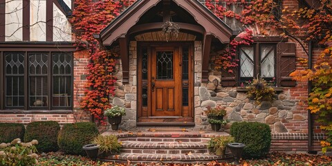Fototapeta premium tudor-style house front porch, front door, in the autumn 