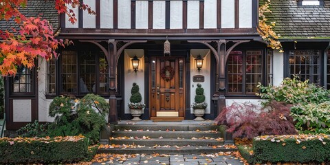 tudor-style house front porch, front door, i,in the winter