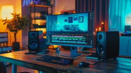 Fototapeta premium high-end computer and a video editing program on the screen