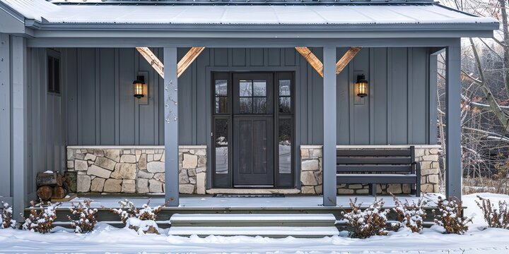 ranch-style house back porch, back door, in the winter