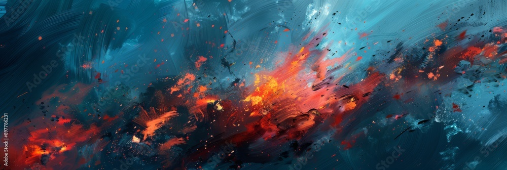 Poster vivid blend of colors seen in an abstract art piece with lively red and blue tones exploding across 