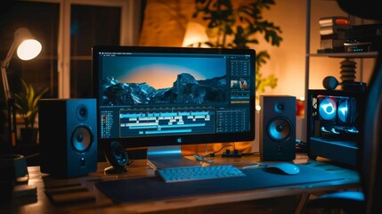 Fototapeta premium high-end computer and a video editing program on the screen