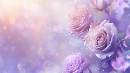 Ethereal Glowing White Light Effect on a Background of Purple Roses and Pastel Tones: Ideal for Minimalist Wedding Card Banners.Valentine's Day, Wedding, Anniversary, Romance