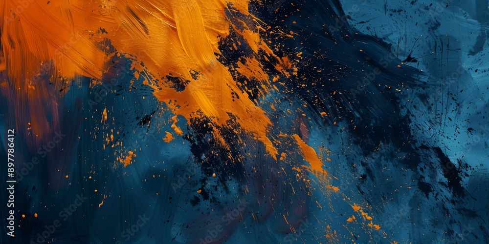 Poster abstract artwork with dynamic blue and orange brush strokes capturing motion and energy in a visuall
