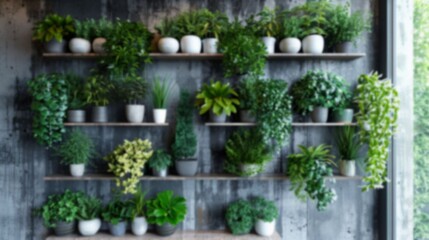 Wall shelf adorned with lush green plants in various white pots. Soft, airy background adds to the serene atmosphere, blurred