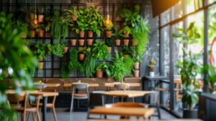Naklejka premium A modern restaurant interior with a green wall of potted plants, seen out of focus. Tables and chairs are visible in the background