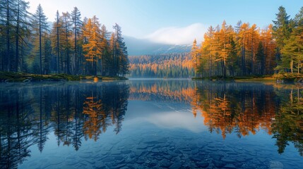Fototapeta premium Autumn Forest Reflections in Still Lake Water.
