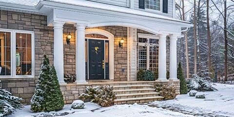 european-style house front porch, front door,,in the winter 