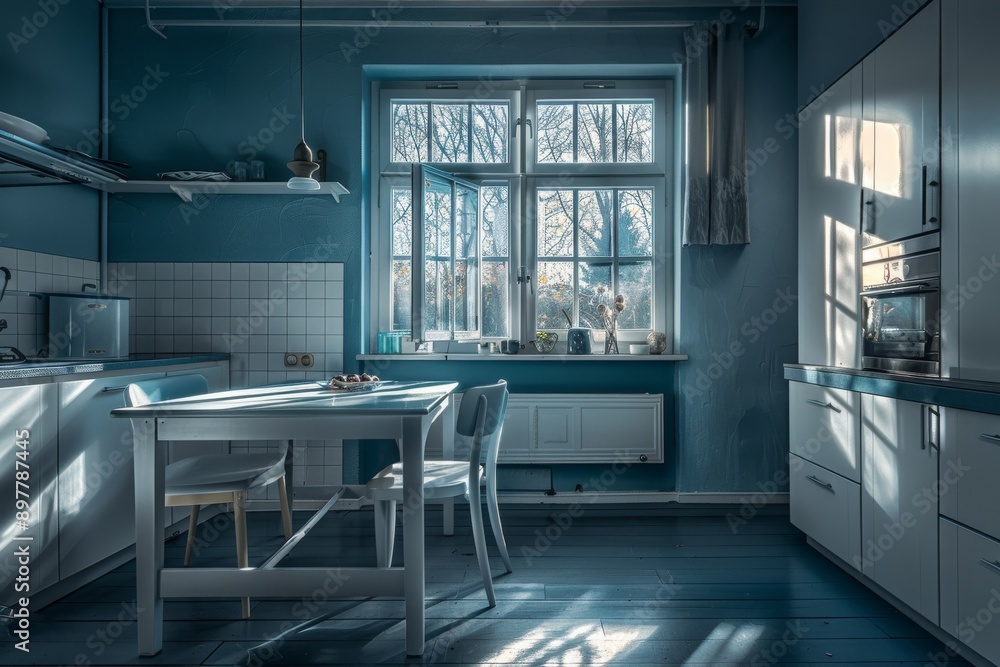 Poster blue modern kitchen in scandinavian style