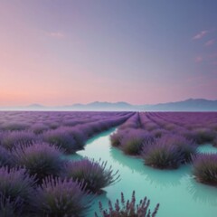 Obraz premium A field of lavender flowers with a waterway running through the middle, sunset, out of focus, background