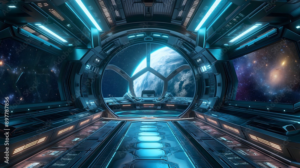Poster 45. create a futuristic space station interior with sleek, futuristic architecture and holographic d