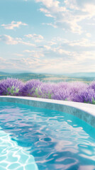 Obraz premium A swimming pool with clear blue water is situated in front of a row of lavender plants, with rolling green hills and a blue sky in the background, out of focus, copy space