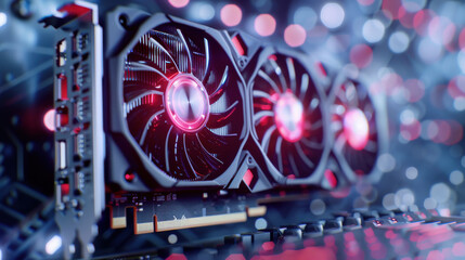 Fototapeta premium High-Performance Graphics Card, Powerful GPU with glowing fans, Cutting-Edge Technology