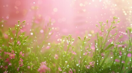 Fototapeta premium A blurred background of pink flowers and green foliage in a soft, warm light, out of focus, copy space