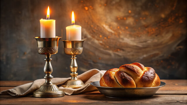 Elegant Shabbat candles with gentle flames illuminate a serene table setting adorned with a beautiful Kiddush cup and a decorative Sabbath bread cover.