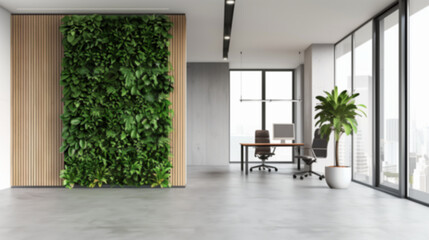 Obraz premium A blurred view of a modern office with a green wall and large windows, out of focus