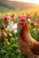 Close-Up of a Free-Range Chicken in a Sunlit Field with Yellow Wildflowers and Other Chickens in the Background