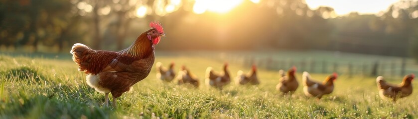 Free-Range Chickens Grazing in a Sunlit Field at Sunrise with Green Grass and Trees in the Background