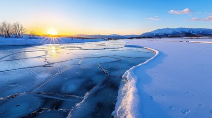 Naklejka premium Winter Sunrise on Ice, Stunning sunrise over frozen lake, Serene Winter Landscape