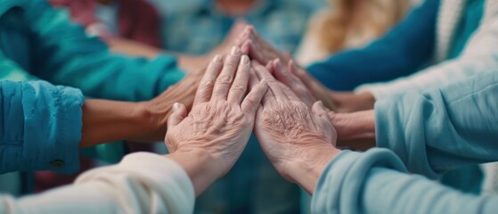 Senior Hands in Unity, Elderly group joining hands in support, Community and Care
