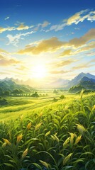 Obraz premium green wheat field background and copy space , generative ai