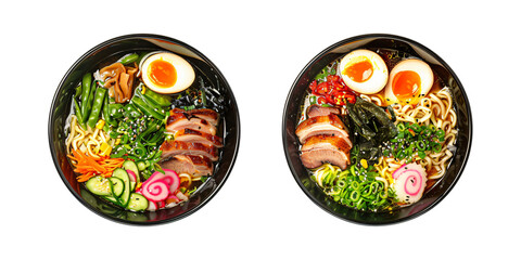 Set of two bowls with Japanese ramen with chicken or pork and noodles isolated on transparent background. Asian food concept. Elements collection for design menu, recipe card, banner, poster